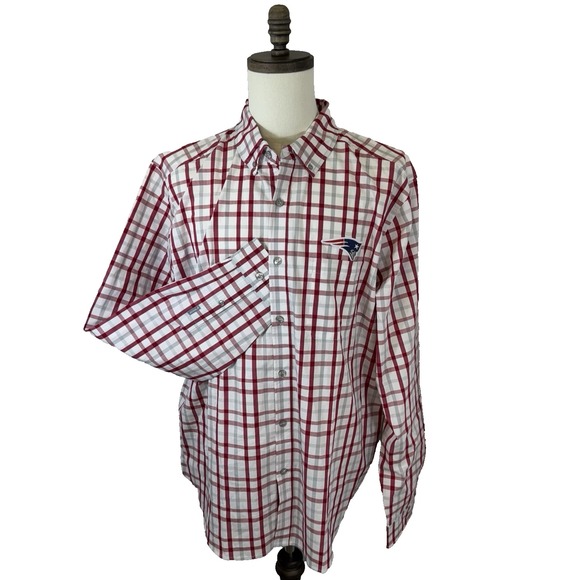 NEW Antigua Men's NFL Team Apparel Patriots Button Down Shirt L/S Red White Gray - Picture 1 of 16